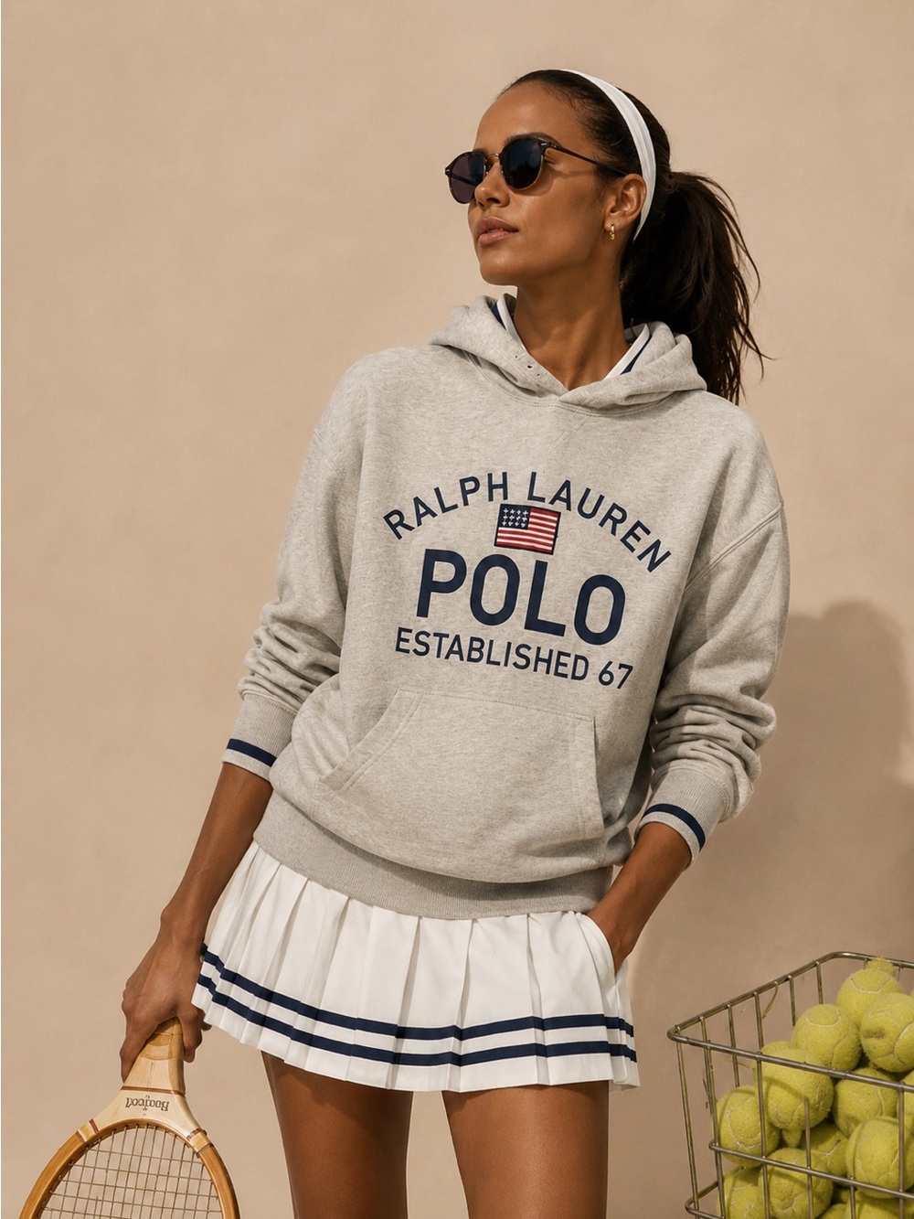 Polo by Ralph Lauren Heather Gray Crew with Navy Logo and Flag Patch